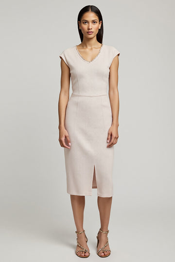 Light Pink Sheath Midi Work Dress with Slit